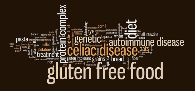 Words related to Gluten terminology on a brown background