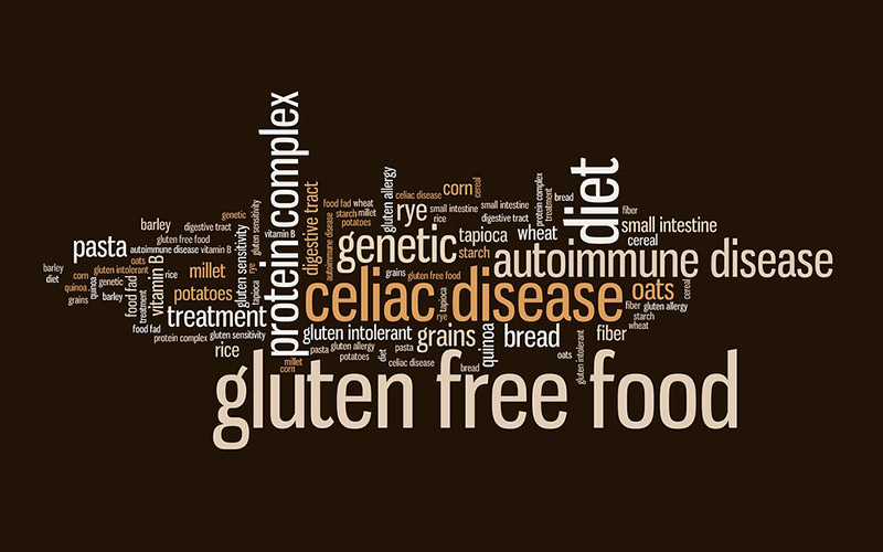 Words related to Gluten terminology on a brown background